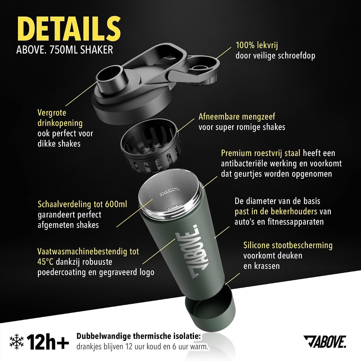 SnelShoppen - Protein Shaker RVS 750ml - BPA Vrij & Geïsoleerd - Houdt Dranken 12 Uur Warm/Koud - Gegraveerde Kom & 100% Lekvrij Deksel - Duurzaam & V
