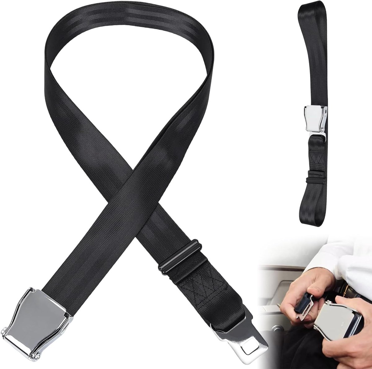 SnelShoppen - Verstelbare Vliegtuigriem Extensie 20-200 cm met RVS Clip - Universele Veiligheidsriem voor Vliegtuig, Auto en Zwangere Vrouwen - Zwart