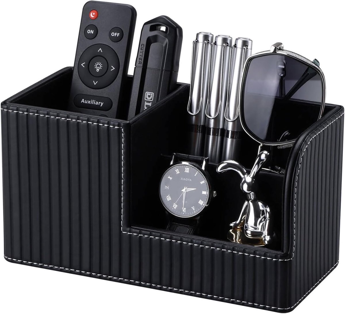 SnelShoppen - Luxe Pen Organiser PU Leer - Desk Organizer met 3 Compartimenten - Zwart - Perfect voor Kantoor, Thuis, School - Stijlvolle Pennenhouder
