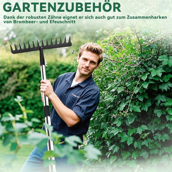 Tuinhark met 14 tanden, bladbrekers met roestvrijstalen steel voor het losmaken van de grond en het nivelleren van gazon, tuinaccessoires, gazonhark, robuust — afbeelding 4