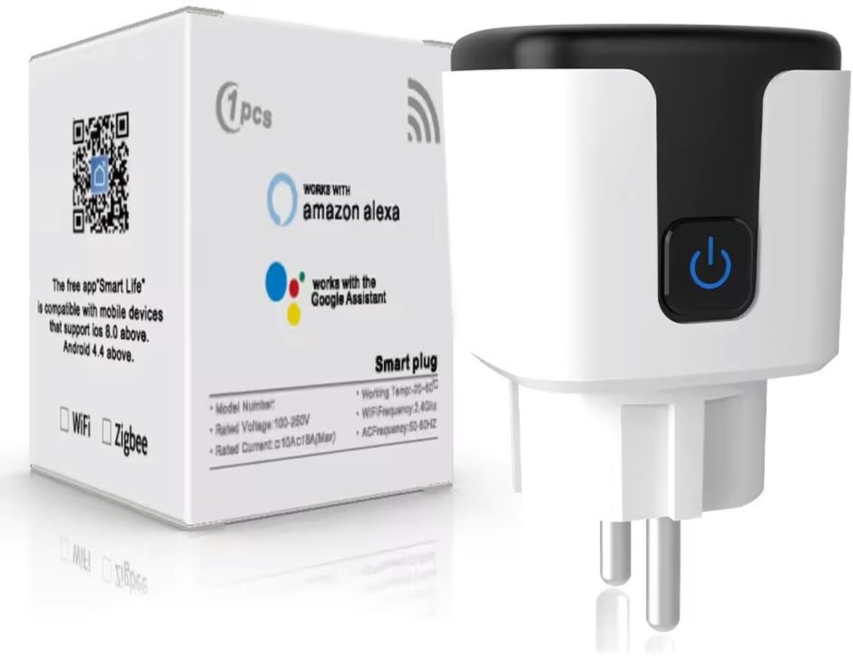 SnelShoppen - 16 A 3500 W Slimme WiFi Stekker met Stroommeting, Spraakbesturing via Google Home en Alexa, Afstandsbediening, Timerfunctie - Zwart/Wit
