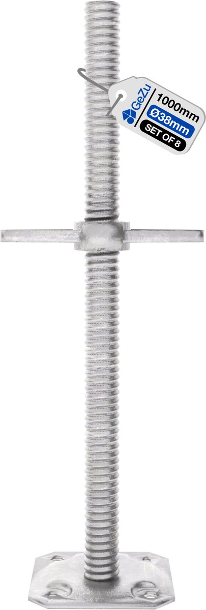 GeZu Impex Steiger spindel Thermisch verzinkt Set van 8 1000 x 38 mm verstelbare voetspindel steigertoren voetplaten