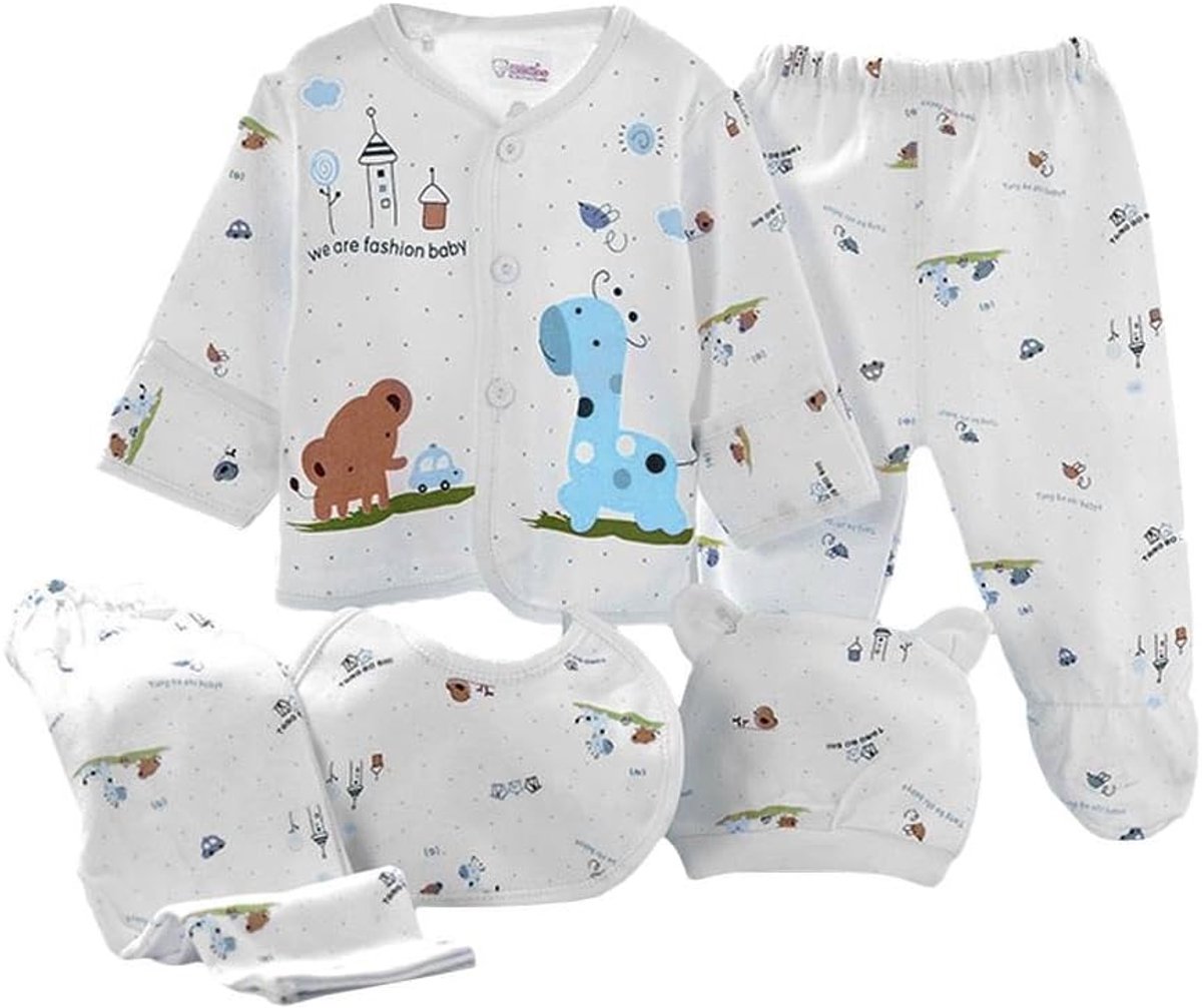 SnelShoppen - 5-delige Set voor Pasgeboren Baby Jongens en Meisjes - Katoenen T-shirt, Muts, Broek en Playsuit Outfit - Comfortabele en Stijlvolle Bab