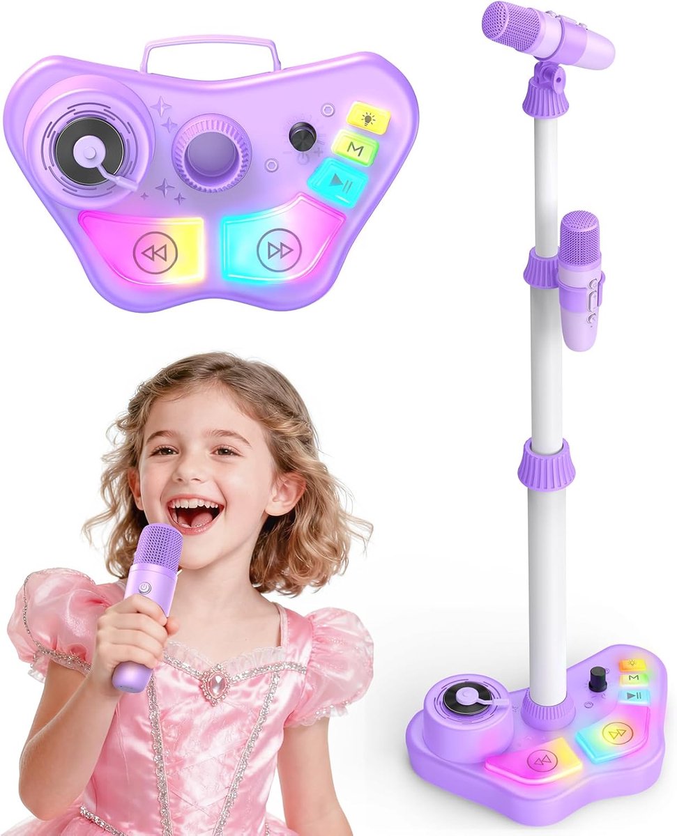 SnelShoppen - Karaoke Machine voor Kinderen met 2 Bluetooth Microfoons, Verstelbare Stand, LED Lichten, Perfect Kerstcadeau voor Meisjes van 3 tot 12