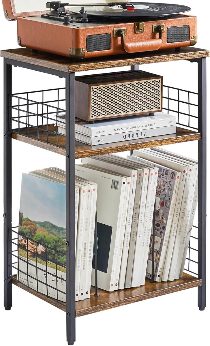 SnelShoppen - YMYNY Side Table - 3 Laags Standaard Rek met Geclassificeerde Opslag, Beschermend IJzeren Gaas, Voor Platen, CD's, Tijdschriften, Woonka
