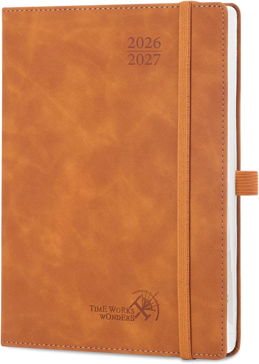 SnelShoppen - Agenda 2026 2027 Weekly Planner en Notitieboek, 22 x 16,5 cm van Aug'26 - Dec'27, Zachte PU Leren Kaft, Maand Tabs, 80 GSM Papier, Ribbo