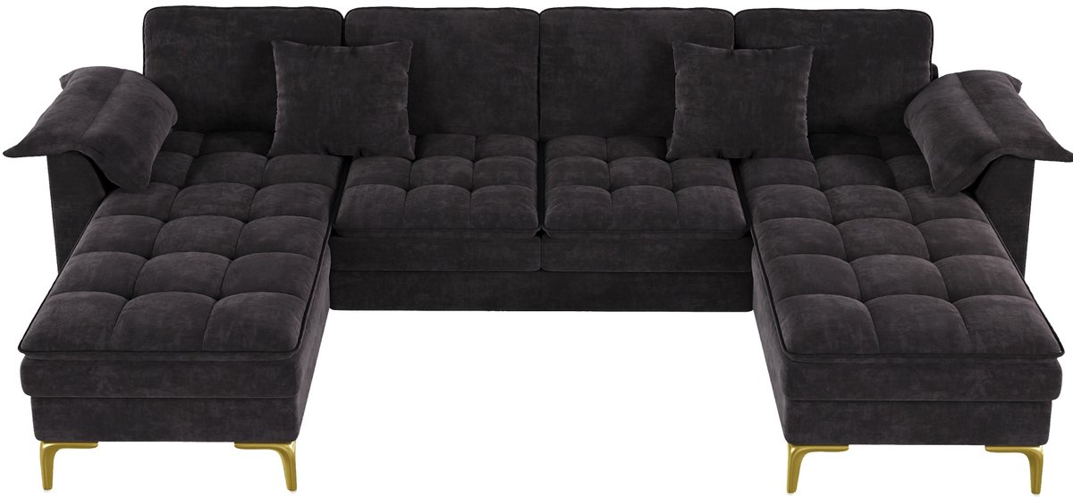 HAUSS SPOLE U-Bank - Modulaire Hoekbank - Met 2 Chaise Longues En 2 Kussens - 4-Zits Voor Woonkamer En Slaapkamer - Chenille Zwart