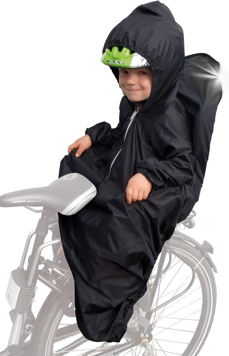 Thijox - Regencape Kinderfietszitje met Mouwen, Reflecterende Strepen, Geschikt voor Kinderhelm, Zwart, Waterafstotend Nylon, Veilig en Duurzaam voor