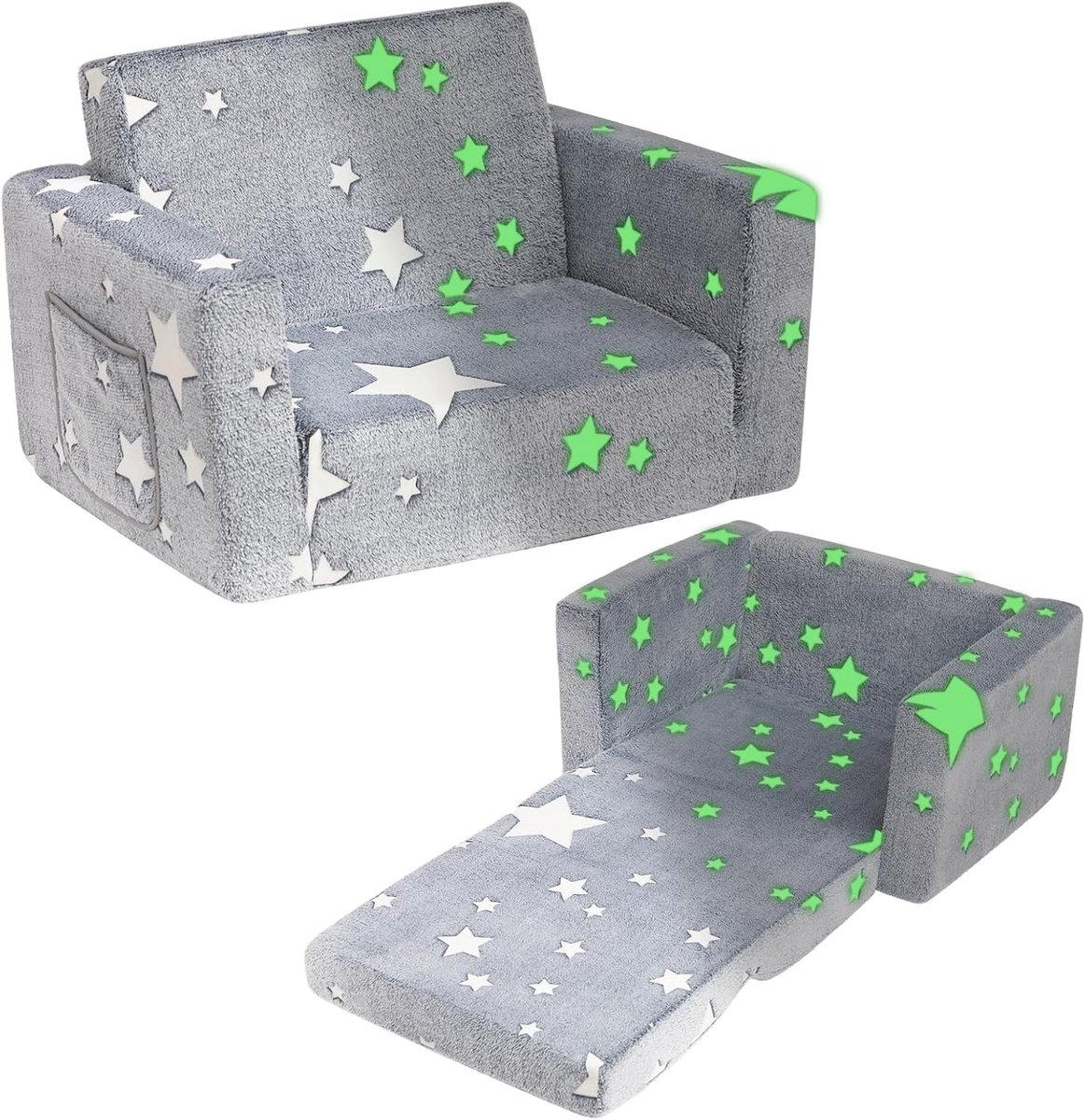 SnelShoppen - Kinderen Sofa Bed - 2-in-1 Vouwbare Kinderbank - Sherpa Stof - Grijs met Sterren - Perfect voor Kinderkamer - Dag- en Verjaardagscadeau