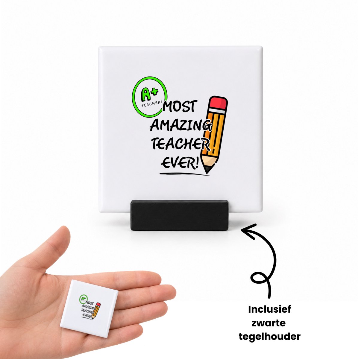 Hacebo Docent cadeau - tegeltje met tegelhouder - Meester en juffen cadeau - tegeltjes met tekst - Collega - Onderwijs - verjaardagscadeau - verjaardag - cadeau - afscheidscadeau - geschenk - leuke cadeau - kado - spreuktegels - 4.8x4.8 CM Wit