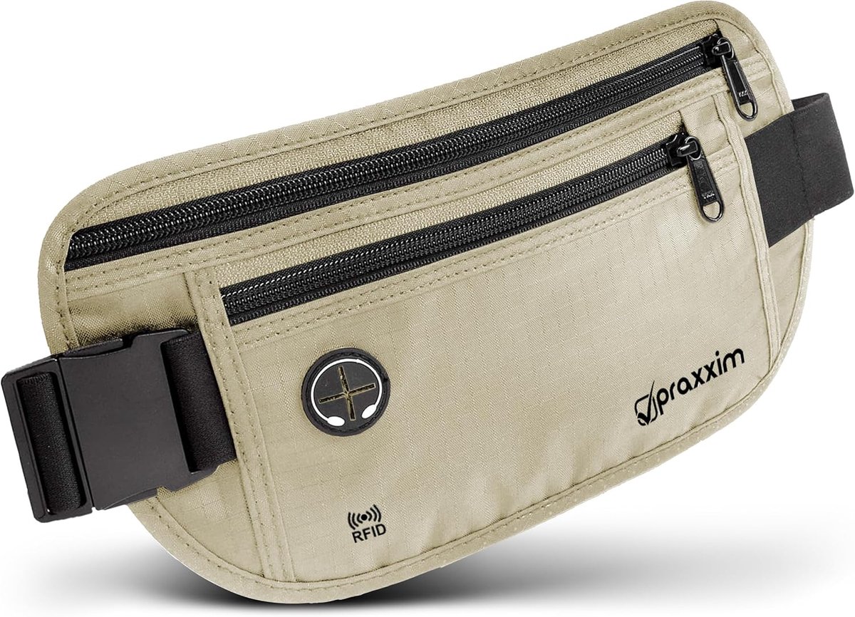 Thijox - Diefstalbestendige Heuptas voor op Reis met RFID-bescherming, Extra Platte Geldriem voor Dames en Heren, Beige, Small, Onder Kleding Draagbaa