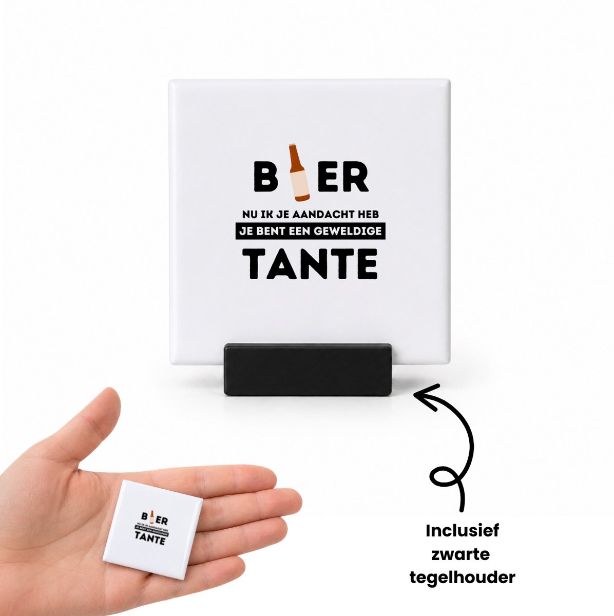 Hacebo bier, nu ik je aandacht heb je bent een geweldige tante tegeltje met tegelhouder - de beste tante - tegeltjes met tekst - verjaardagscadeau - verjaardag - cadeau - cadeautje voor tante - tante artikelen - kado - spreuktegels - 4.8x4.8 CM Wit