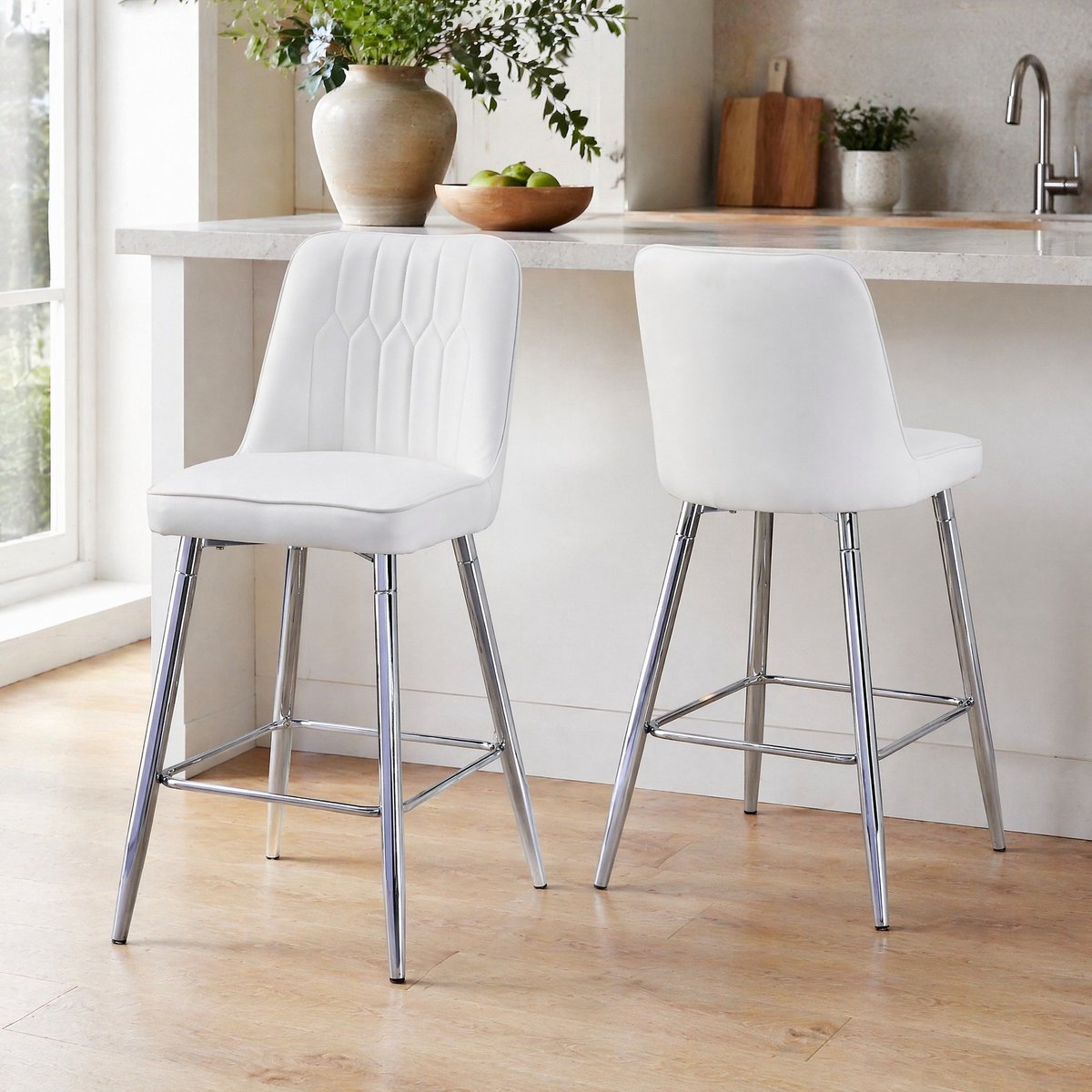 MODENUIT Barkruk 42 x 45 x 100 cm - Set Van 2 Met Rugleuning En Voetensteun - Voor Bar En Keukeneiland - Kunstleer En Metaal - Wit/Zilver