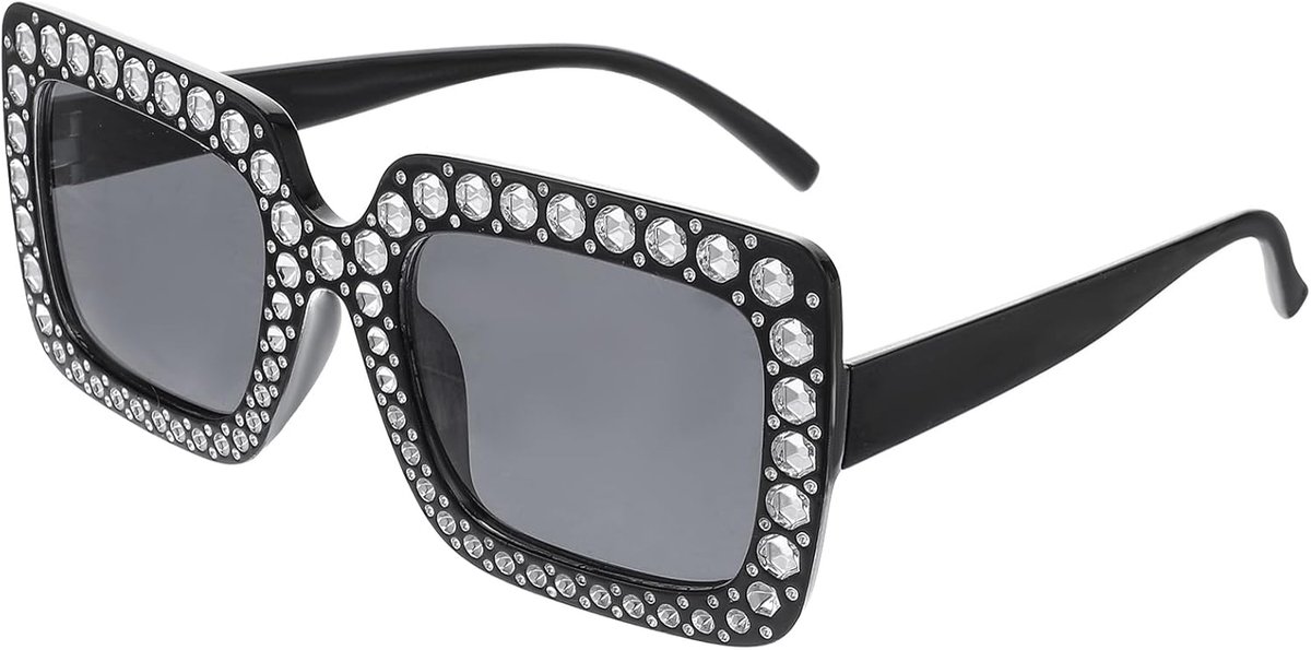 Telooco Oversized rechthoekige zonnebril met glitter strass - retro disco jaren 70 dik montuur semi-transparante bril - ShopVlot