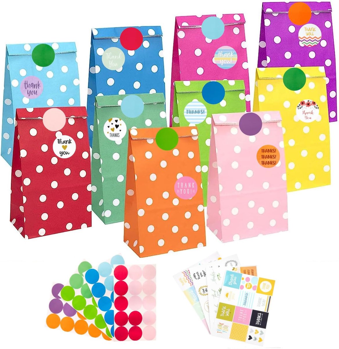 Thijox - 40 Stuks Papieren Zakjes, Kleurrijke Cadeauzakjes met 60 Stickers, Snoepzakjes voor Verpakking van Geschenken, Kinderverjaardag, Bruiloft en