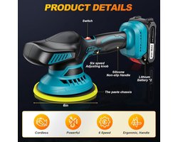 Draadloze polijstmachine auto - Dual Action accu polisher - 6 snelheden tot 5500 RPM - 150 mm polijstschijf - 13-delige set met 2 accu's
