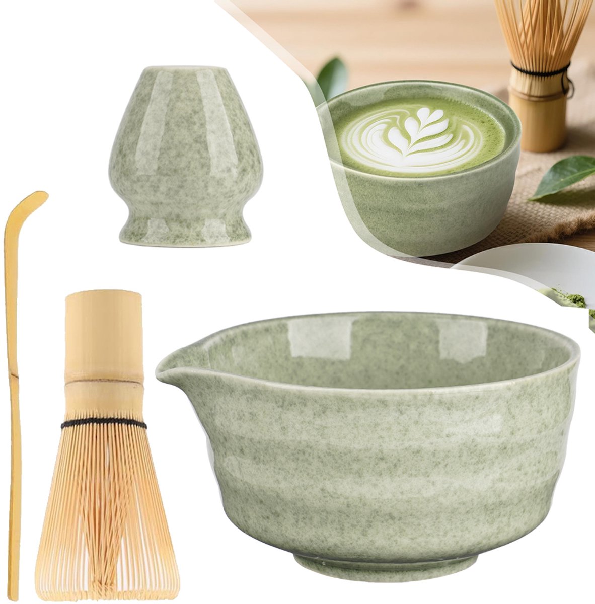 4-Delige Matcha Garde Set - Groene Keramische Matcha-Set - Matchakom Met Schenktuit - Matcha Set Voor Matcha Latte Cadeau Voor Matchaliefhebbers