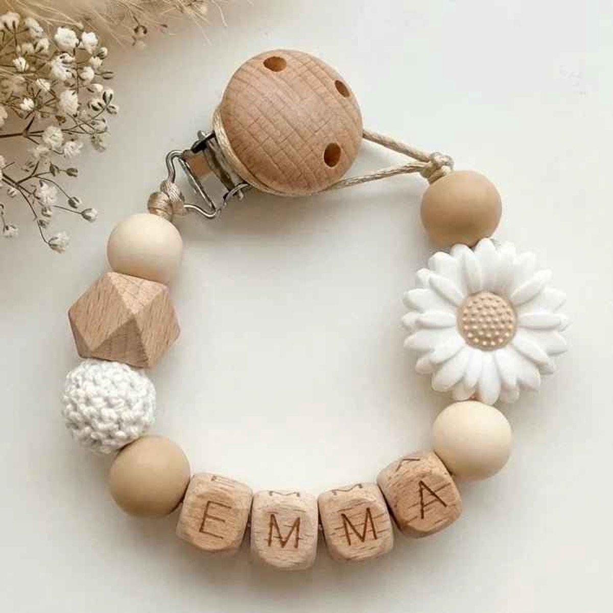 May Mays | Speenkoord met Naam | Bloem Wit Naturel | Gepersonaliseerde Speenketting Baby | Kraamcadeau Pasgeborene | Babyshower Cadeau | Newborn Gift | Houten letterkralen