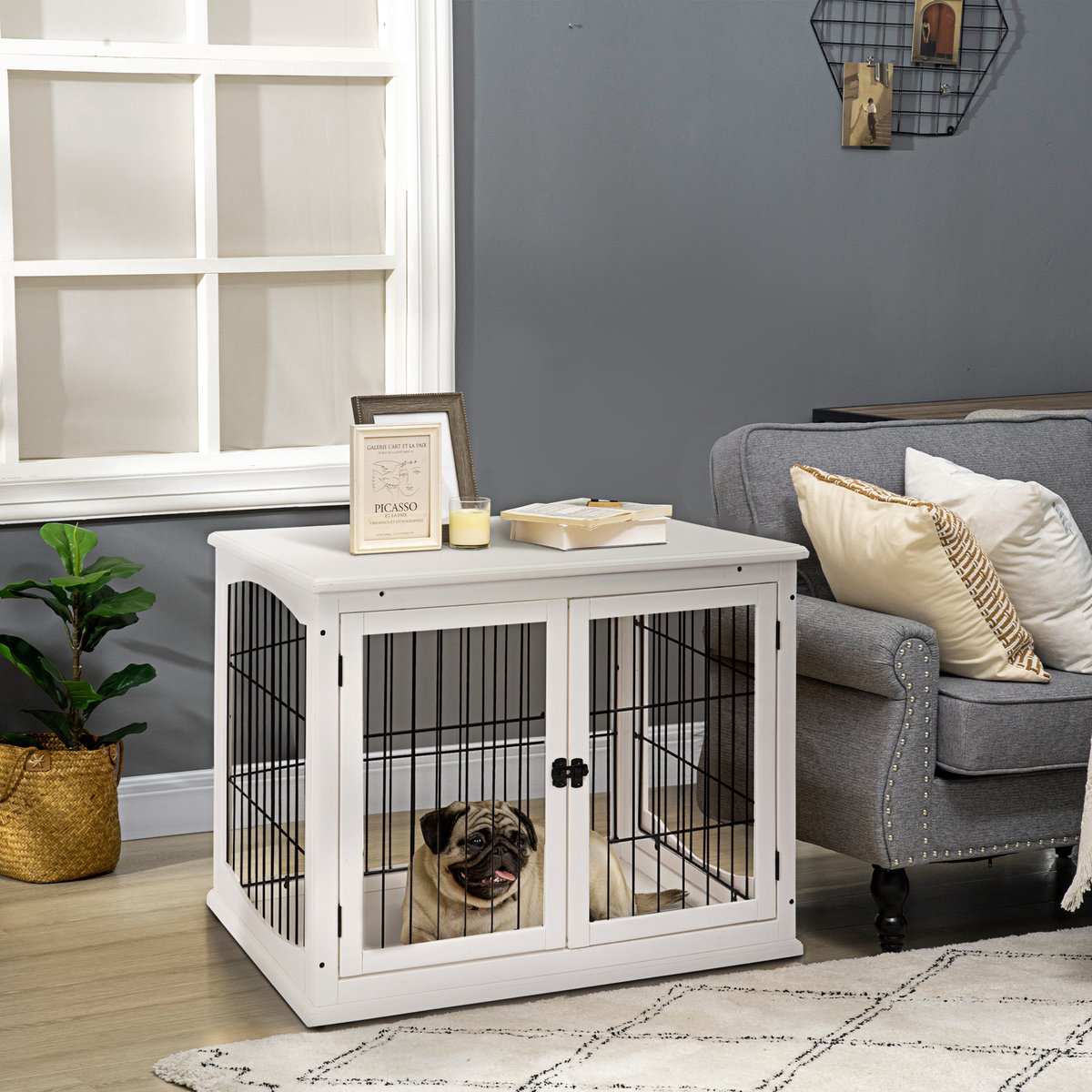 MIVRAY Hondenbench – 81 x 58,5 x 66 cm – Met 2 Deuren – MDF en Metaal – Wit – Voor Kleine en Middelgrote Honden – Binnengebruik