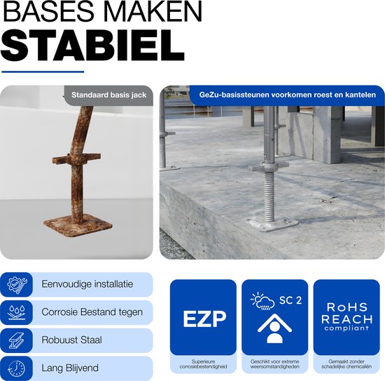 Vergelijking van een verroeste voetspindel met een GeZu voetspindel. Kenmerken: eenvoudige installatie, corrosiebestendig, robuust staal, langdurig, EZP, SC 2, ROHS REACH compliant.