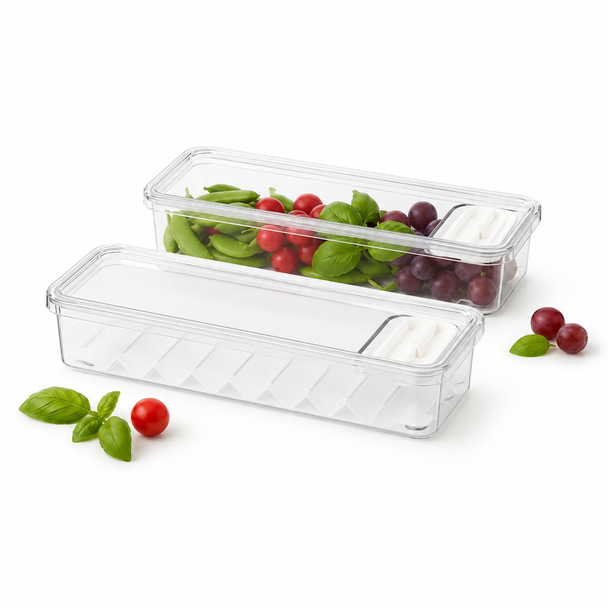 VHV - Koelkast organizer - Transparante bewaarbak met deksel - Stapelbaar - PET - 2PCS - Voor groente, snacks en restjes - 1,1 liter - 28,2 x 10,4 x 5,6 cm - Wit