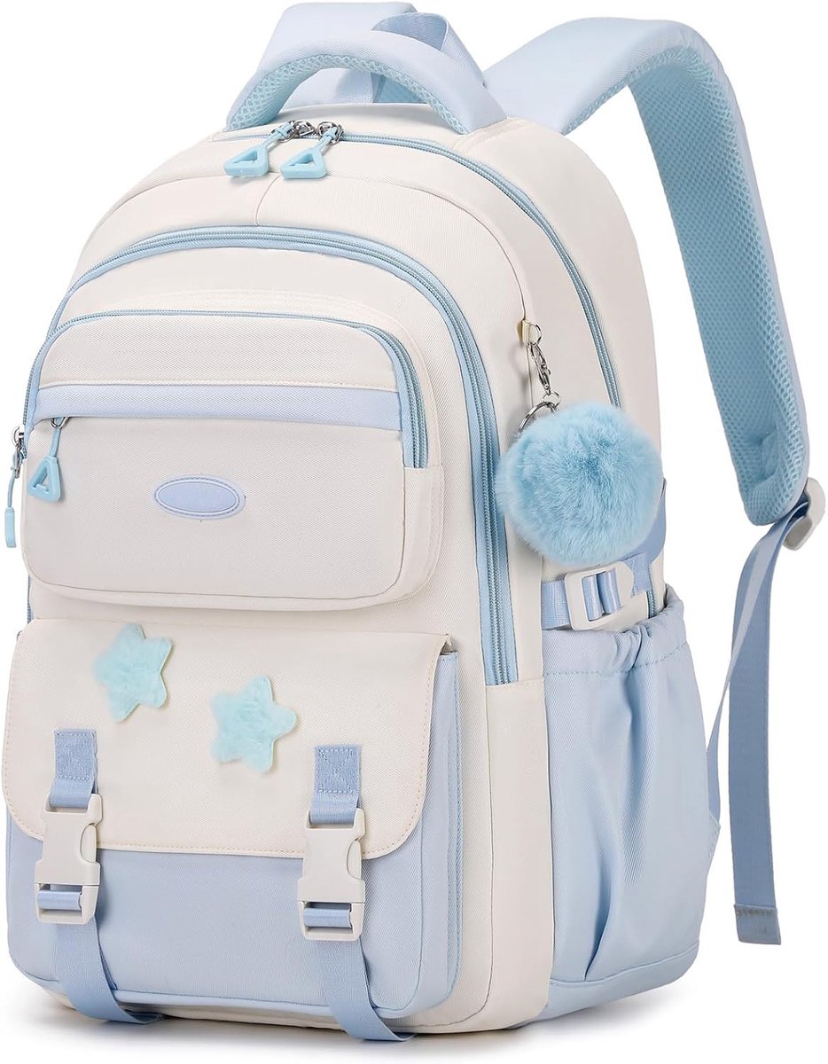 KZQ Stijlvolle Ruime Waterdichte Schoolrugzak voor Meisjes met Hanger, Geschikt voor Basis- en Middelbare School en Reizen, Blauw 31x16x45 cm