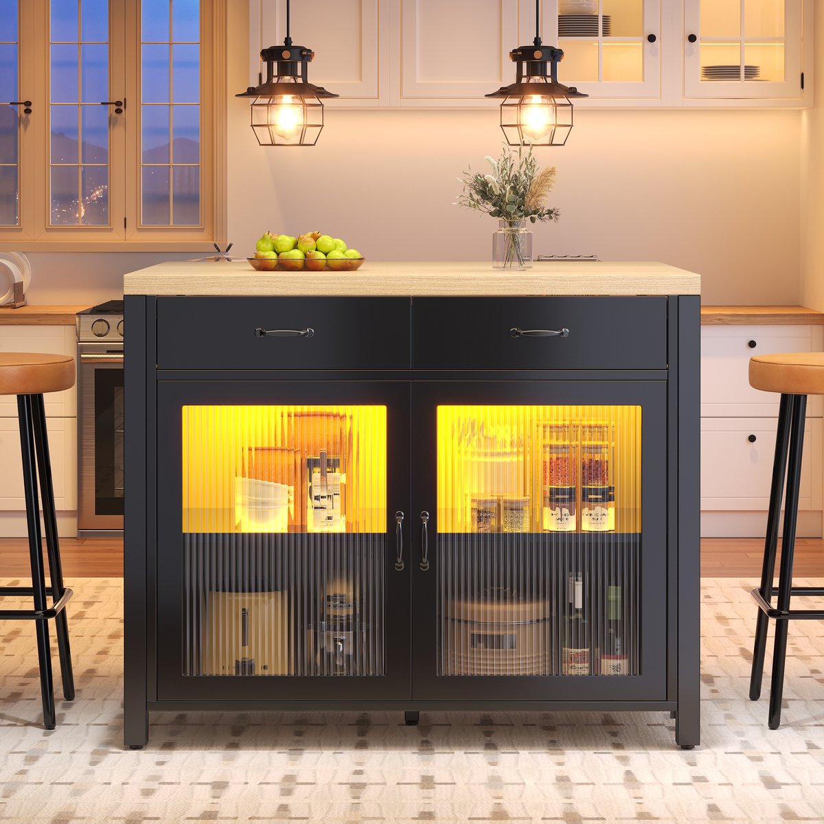 Wishdor - Keukenkast - Keukeneiland met LED-verlichting - 2 lades en glazen deur - Modern voor keuken en eetkamer - Houtlook en glas - Zwart - 100 x 80 x 90 cm