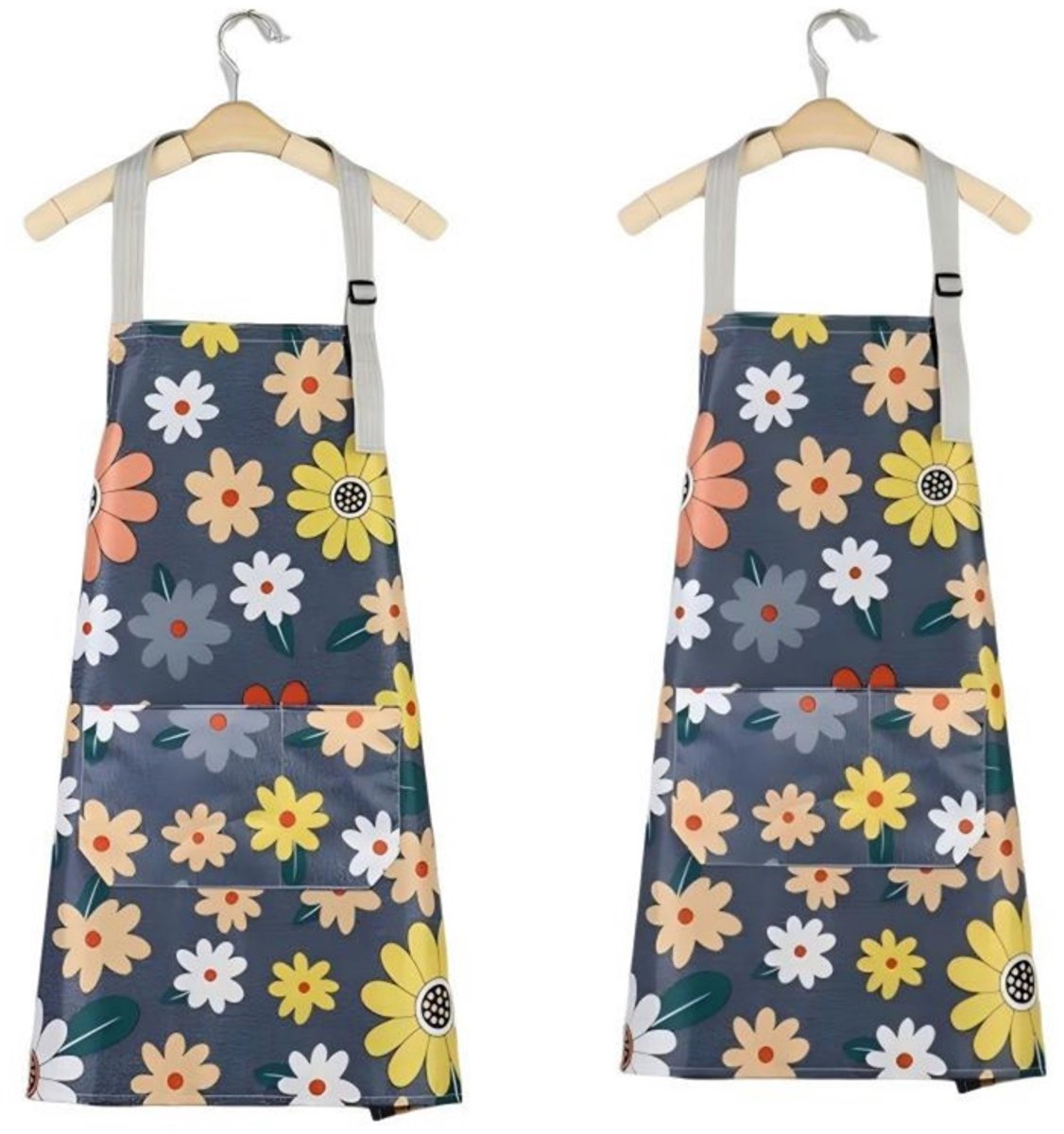 Schort – Set van 2 – 75 x 65 cm – Keukenschort – Schort met bloemenprint – Huishoudschort – Vlekbestendig – Duurzaam – Esthetisch – Minimalistisch – Werkshort – Geschikt voor keuken, schoonmaak, koffiebars, enz.