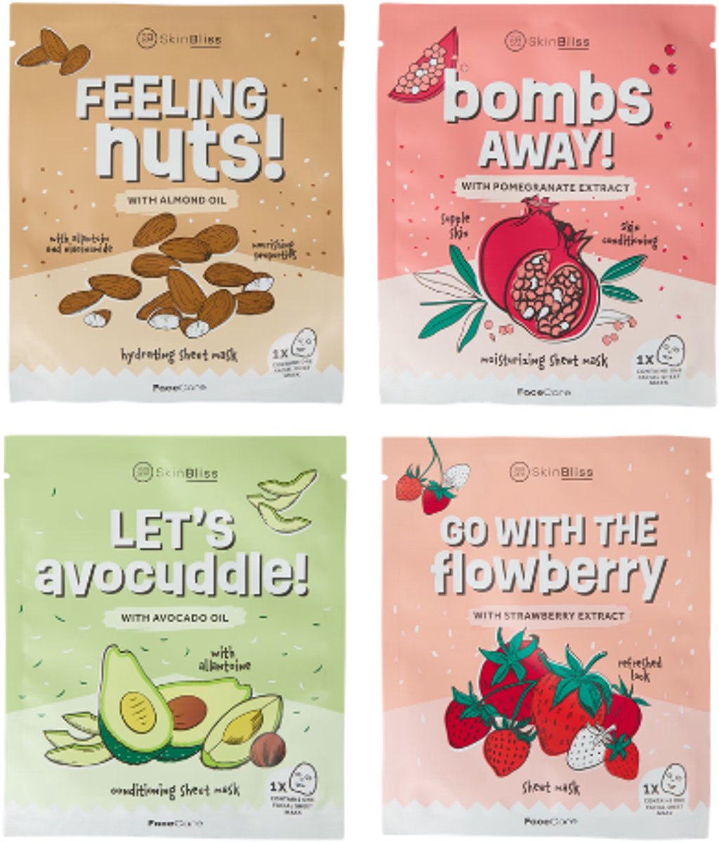 Skin Bliss Sheet Mask - Gezichtsmasker Set van 4 | 4x 20 ml - Avocado - Amandel - Aardbei - Granaatappel | Hydraterend - Voedend - Verzachtend
