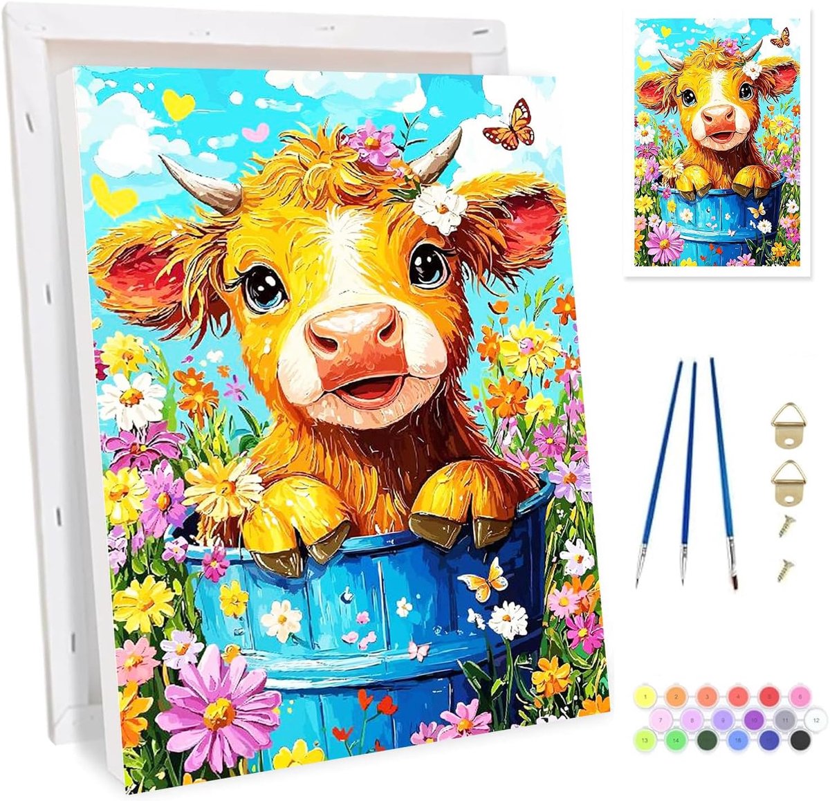 SnelShoppen - Paint by Numbers voor Volwassenen - Paasei Koe Schilderij - DIY Acryl Verf Set Inclusief Lijst, Canvas, Penselen en Easel - Creatieve Ho