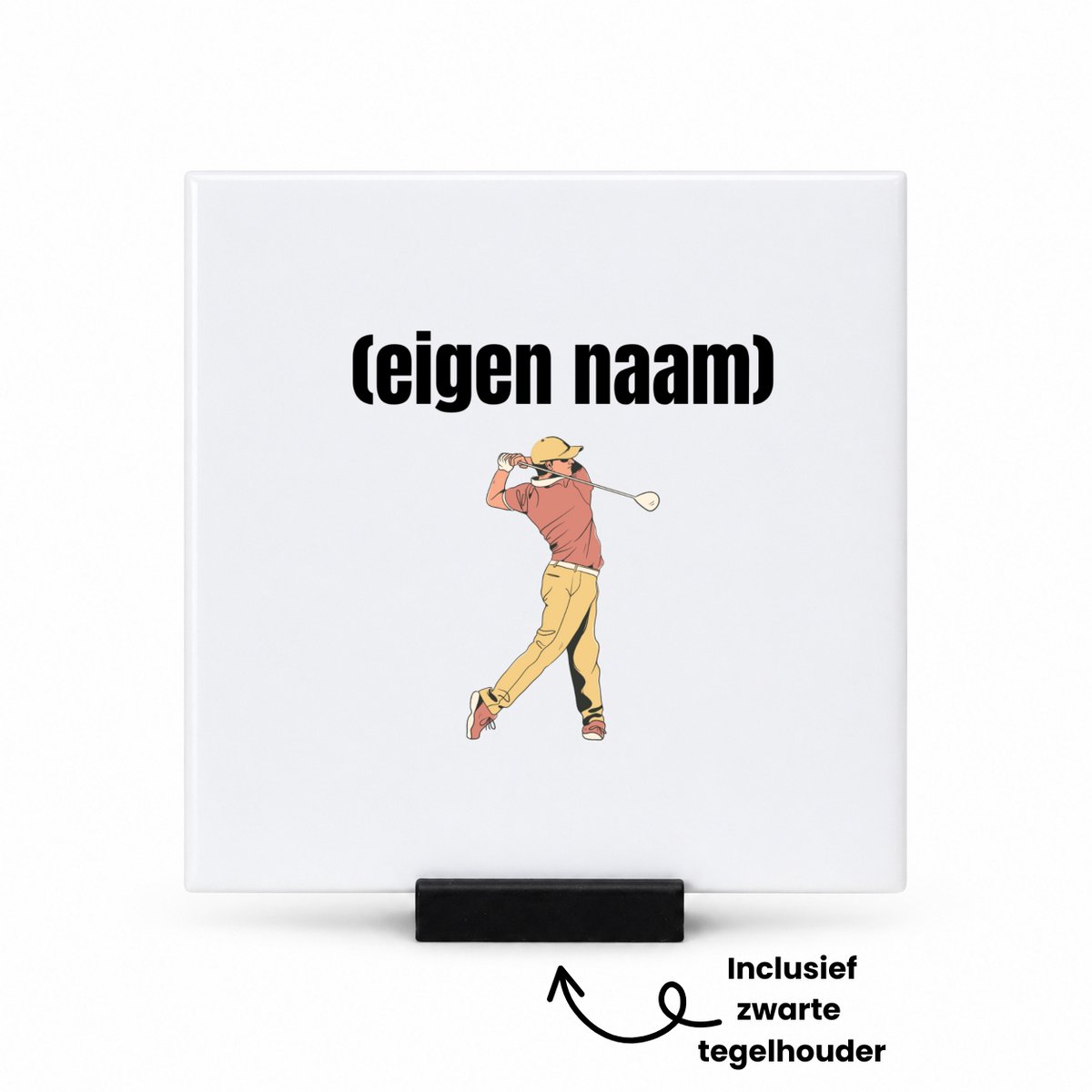 Hacebo golfer man met eigen naam tegeltje met tegelhouder - Golf - golfers - tegeltjes met tekst - leuk cadeau voor iemand die houdt van golfen - cadeau - kado - spreuktegels - 10.8x10.8 CM Wit