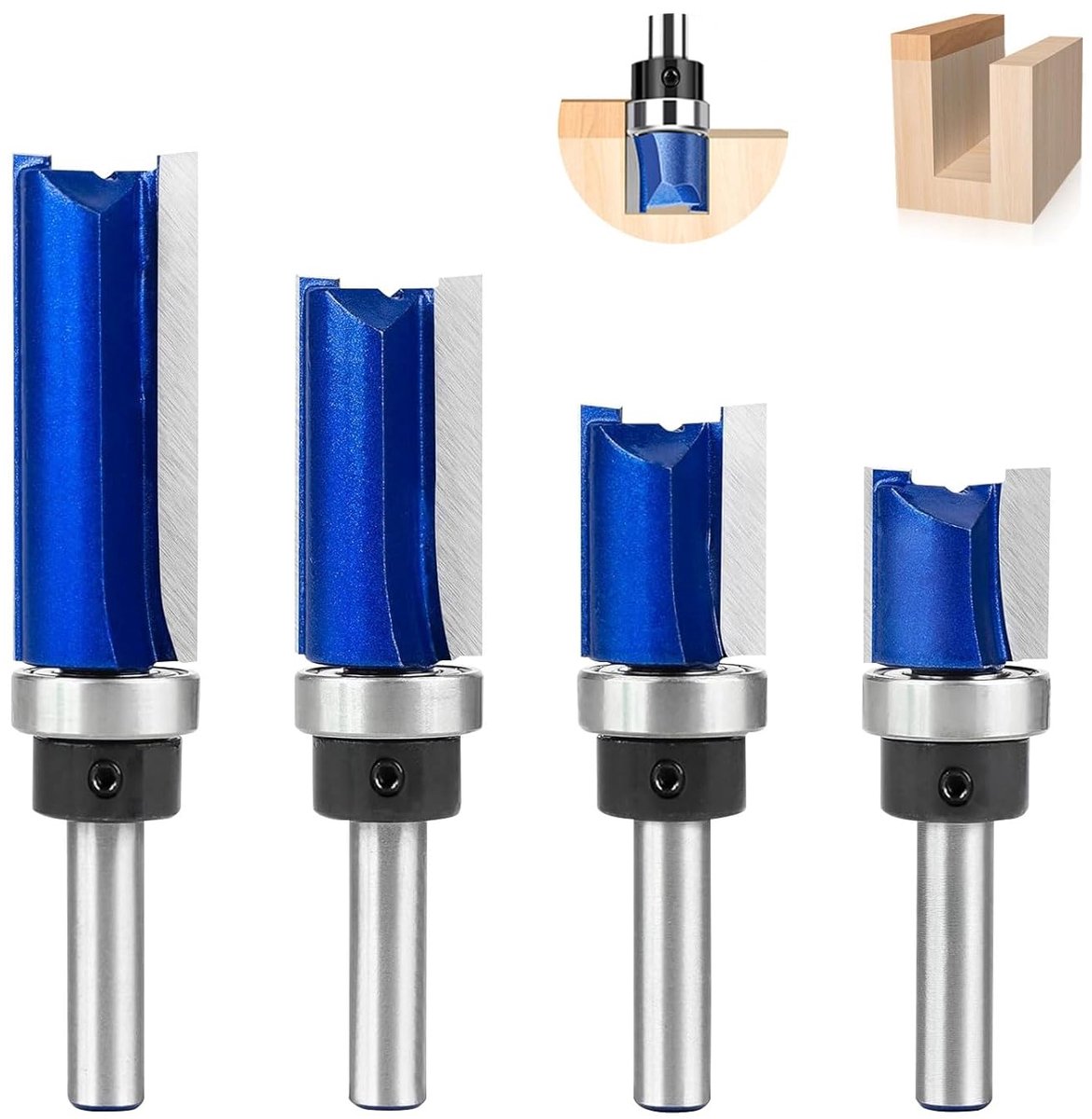 SnelShoppen - 4 Stuks Edge Cutter Router Bits met Kogellagers - 6.35mm Schacht, 12.7mm Inzet - Houtbewerking Gereedschap - Hoogwaardige Carbide en Sta