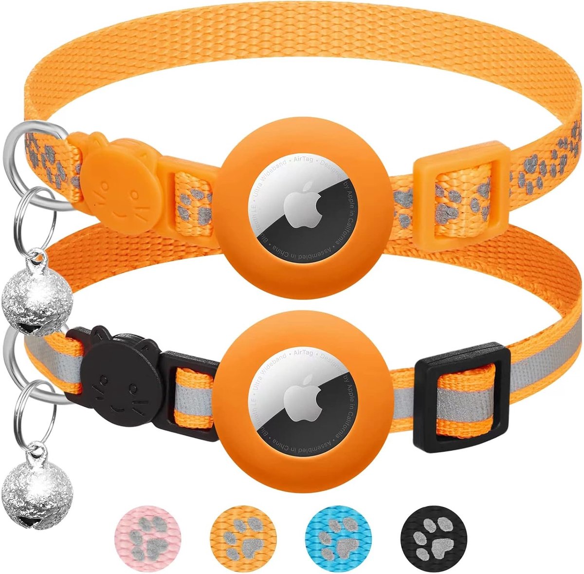 SnelShoppen - Reflecterende Airtag Kattenhalsband met Veiligheidssluiting en Bel - Verstelbaar 7-12 inch - Set van 2 - Oranje - Ideaal voor Huisdieren