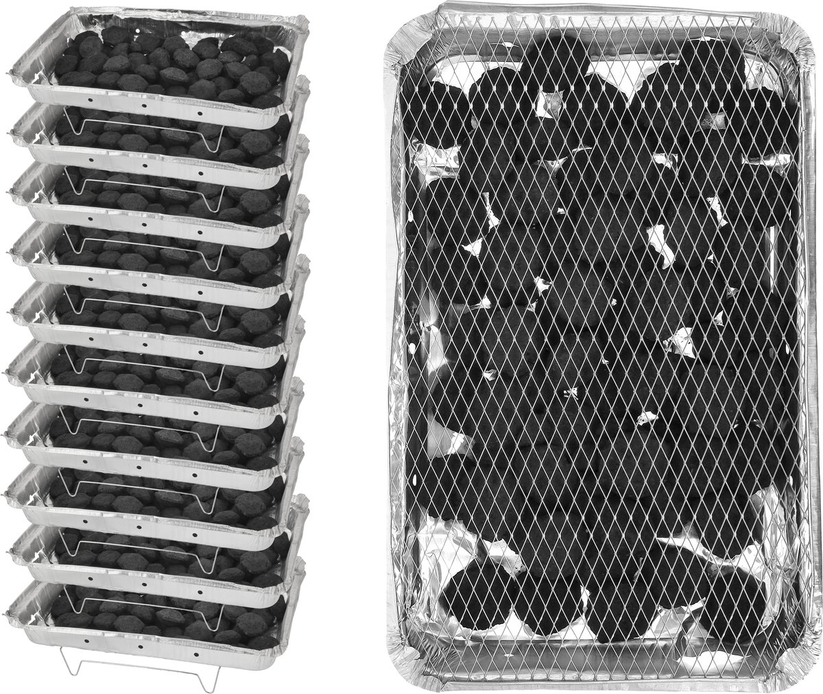 Wegwerp Barbecue met Houtskool – 10 Stuks Voordeelset – Grote Wegwerp BBQ 48 x 30,2 cm – 14,50 kg elk – Instant BBQ voor 20-25 Personen – Kamperen, Picknick en Tuinfeest – Inclusief Rooster en Onderstel