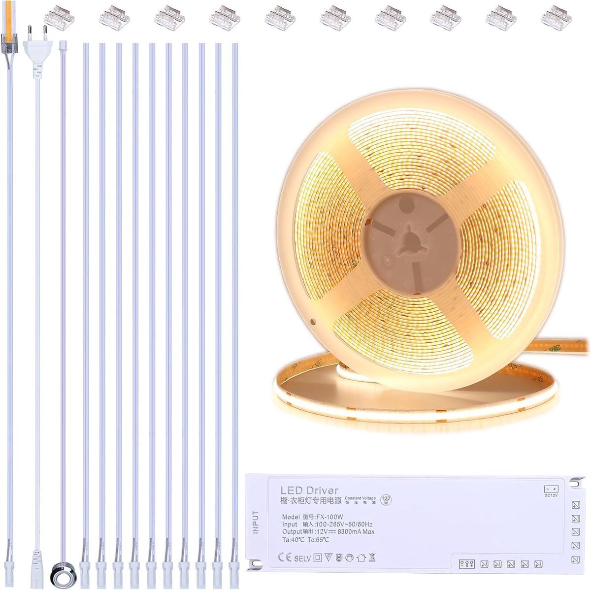 SnelShoppen - 12V COB LED Strip Keuken Onderkast Verlichting 10M, Dimbaar Warm Wit 3000K, Zelfklevend met 10 Solderless Connectors voor Kasten, Planke