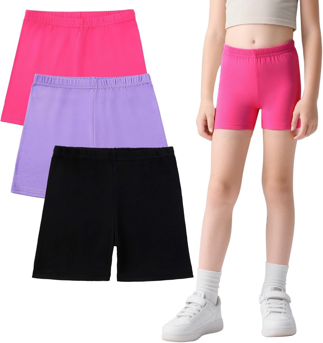 SnelShoppen - Katoenen Short Pants voor Meisjes - 3 Pack Sportieve Fietsshorts met Elastische Tailleband - Kleurrijke Leisure Zomer Gym Shorts voor Fi
