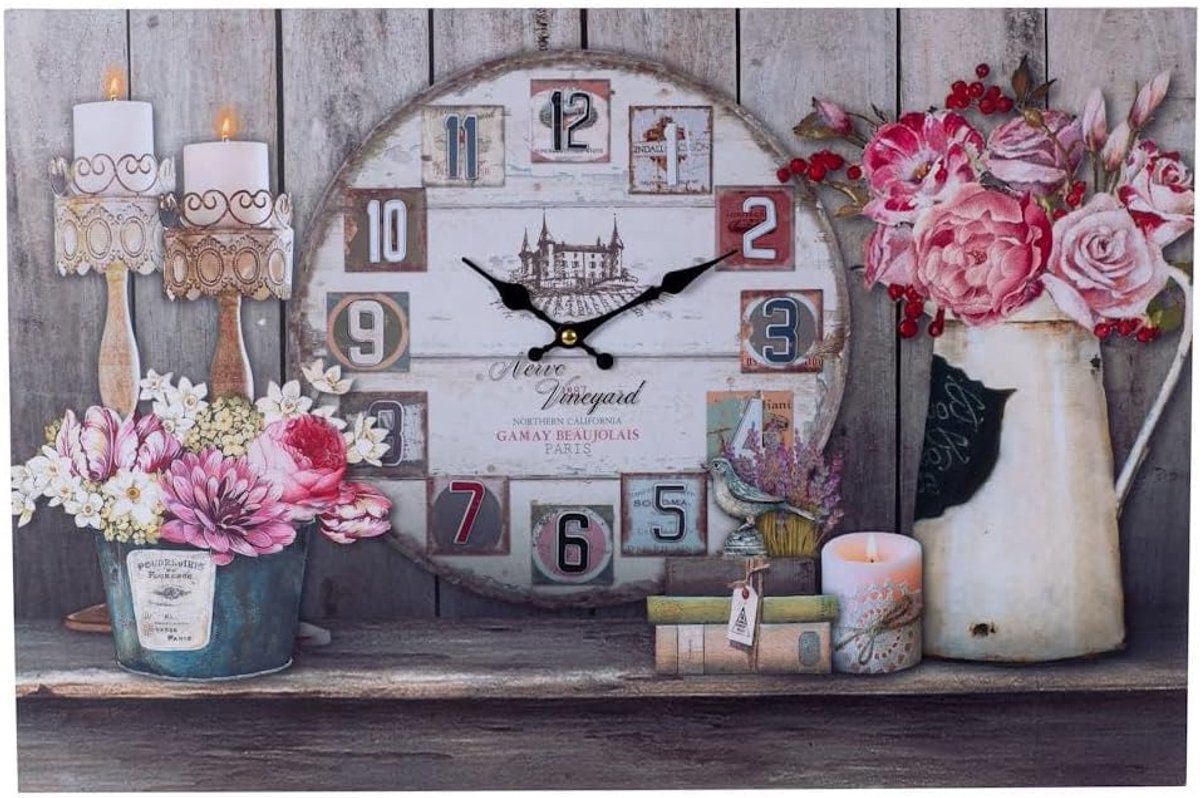 SnelShoppen - XL Canvas Wandklok PARIS & FLOWERS met Klok - Unieke Canvas Klok 60x40 cm - Stille Wandklok voor Keuken/Brocante Interieur - Decoratieve
