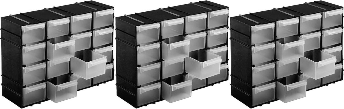 SnelShoppen - Sorteringsbox voor kleine onderdelen, 16 vakken, 22 x 15 x 8 cm, set van 3, zwart - Ideaal voor keuken, garage, hobbykamer