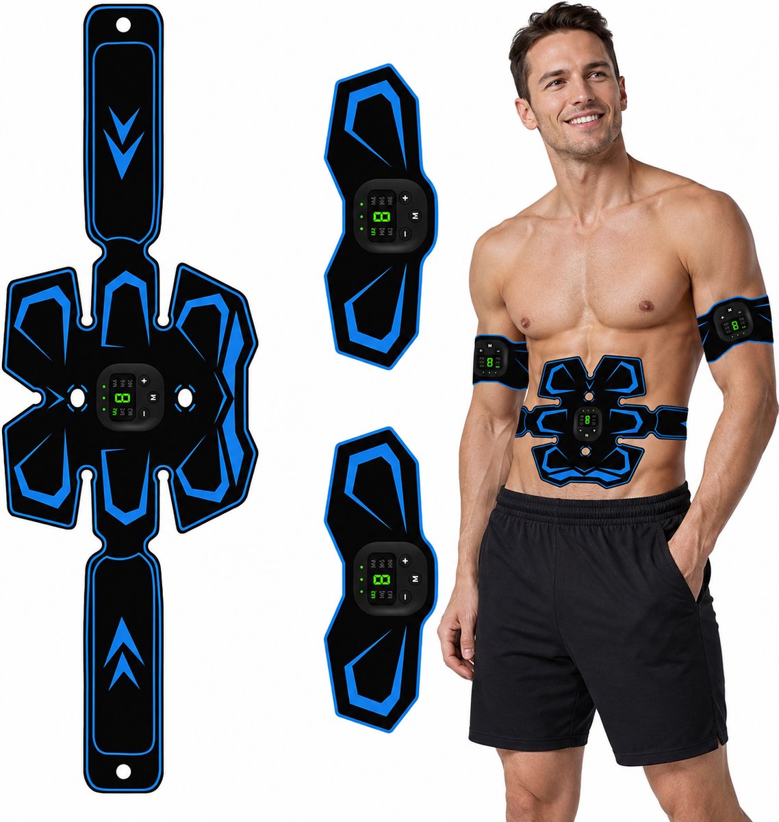 EMS Buikspiertrainer 3-delige Set - Buikspiertrainers Elektrisch - Spierstimulator USB Oplaadbaar -Ab trainer - Spierstimulator - Buikspieren Spierstimulator - Digitaal Display - 6 Modi en 19 Intensiteitsniveaus - Blauw