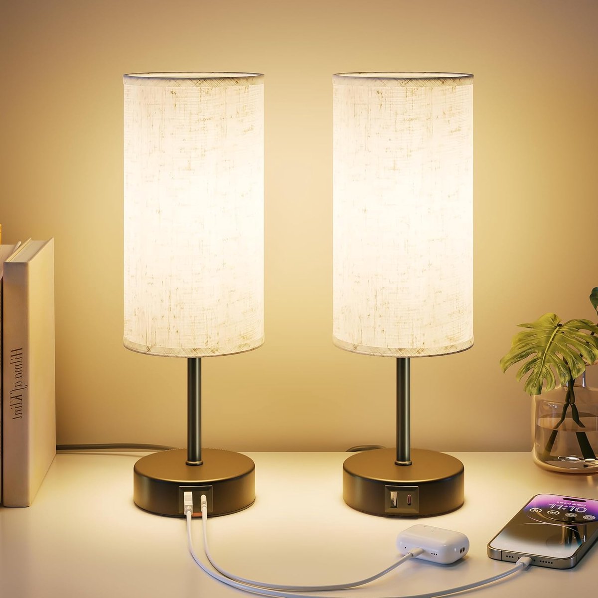 SnelShoppen - Touch Bedside Lights Set van 2 met USB-A en USB-C Oplaadpoorten, Bureau Lamp met 3 Helderheidsniveaus, Linnen Lampenkap, 1.5 m Kabel, Zw