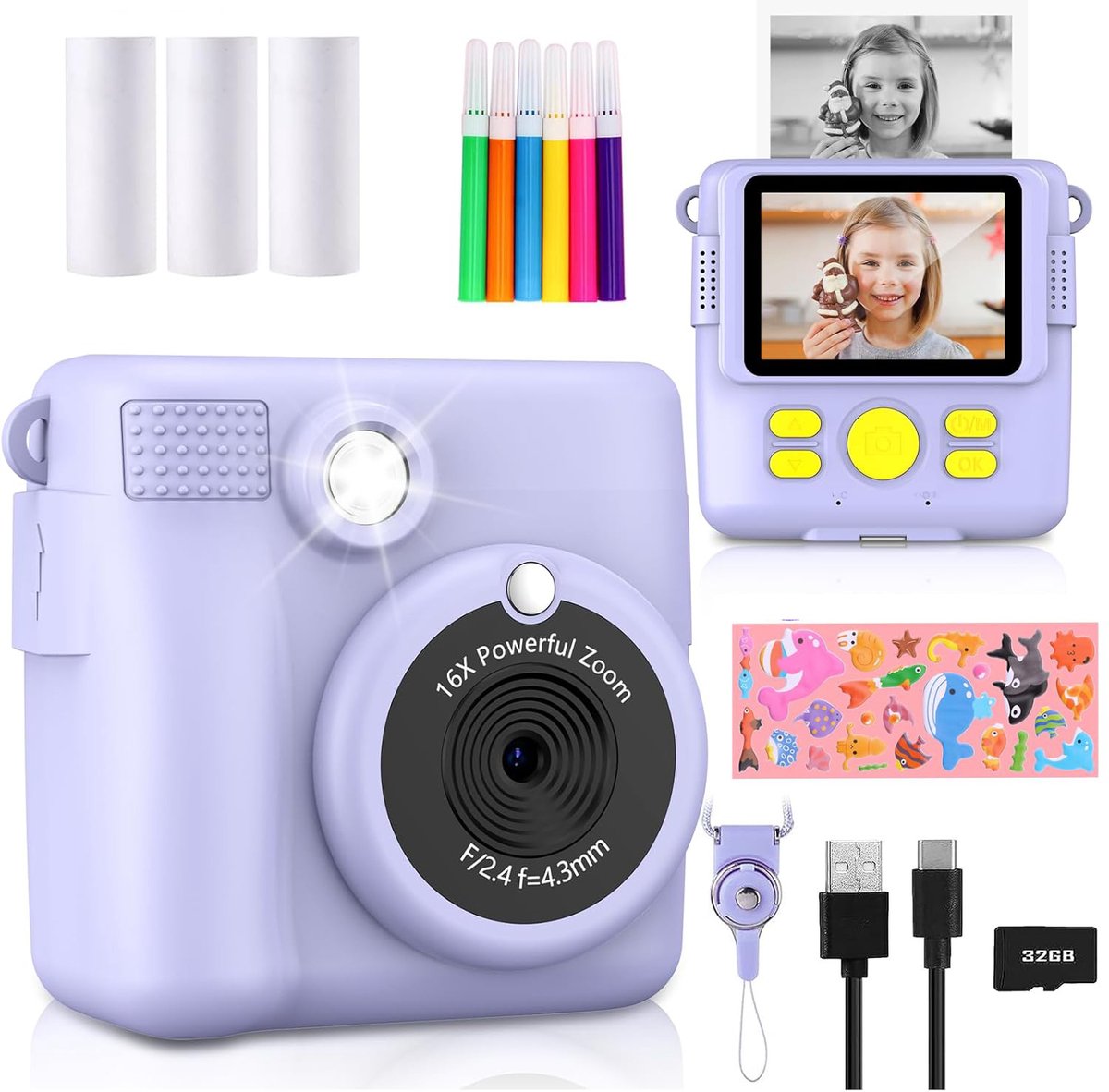 Instant Printcamera - Kindercamera - Digitale Camera - 1080P HD-Foto- En Video-Opname - Inclusief 32 GB SD-Kaart En 3 Rollen Fotopapier