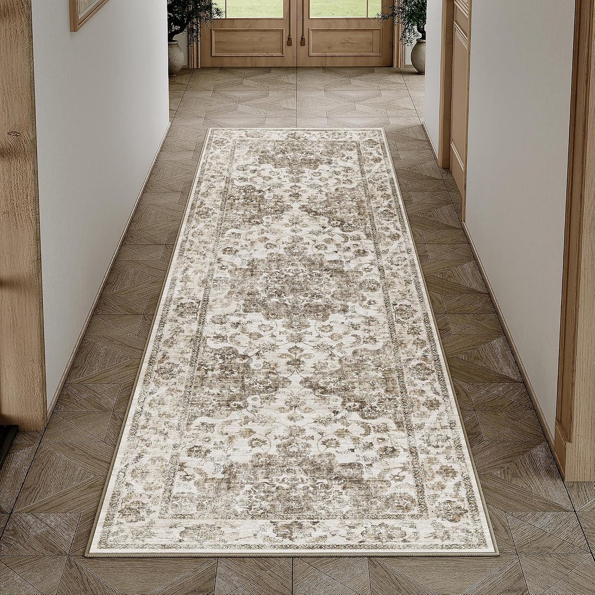 SnelShoppen - Vintage Runner Tapijt 60x240cm Bruin - Machinewasbaar Antislip Vloerkleed voor Woonkamer, Keuken, Hal, Kinderen, Retro Design