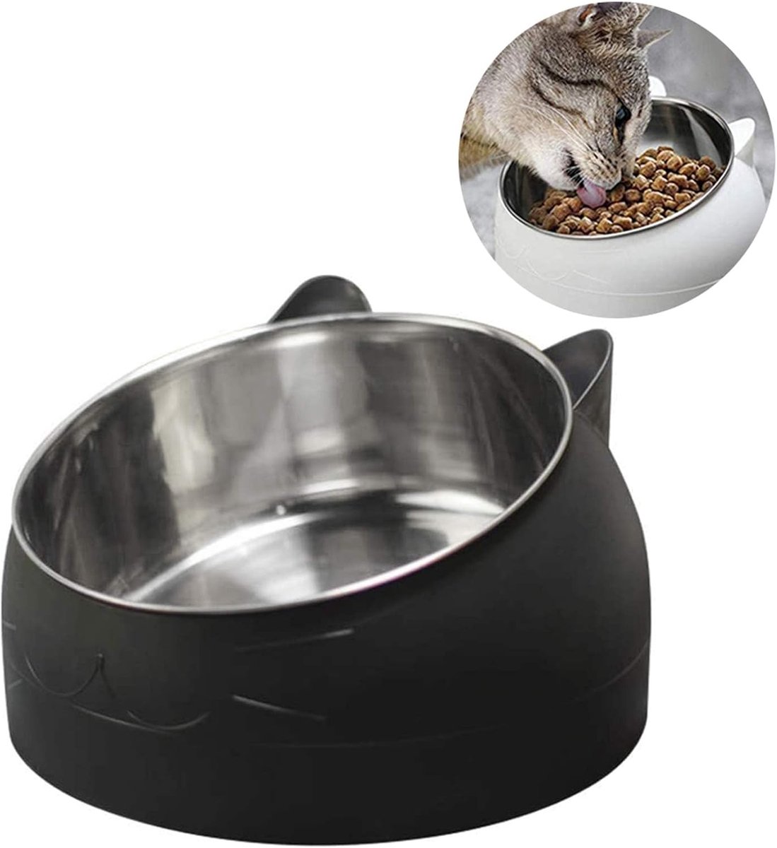 SnelShoppen - RVS Kattenvoerbak met 15° Hoek, 400 ml, Verhoogde Honden- en Kattenkom, Afneembare Waterbak, Duurzaam en Stabiel, Geschikt voor Binnen e