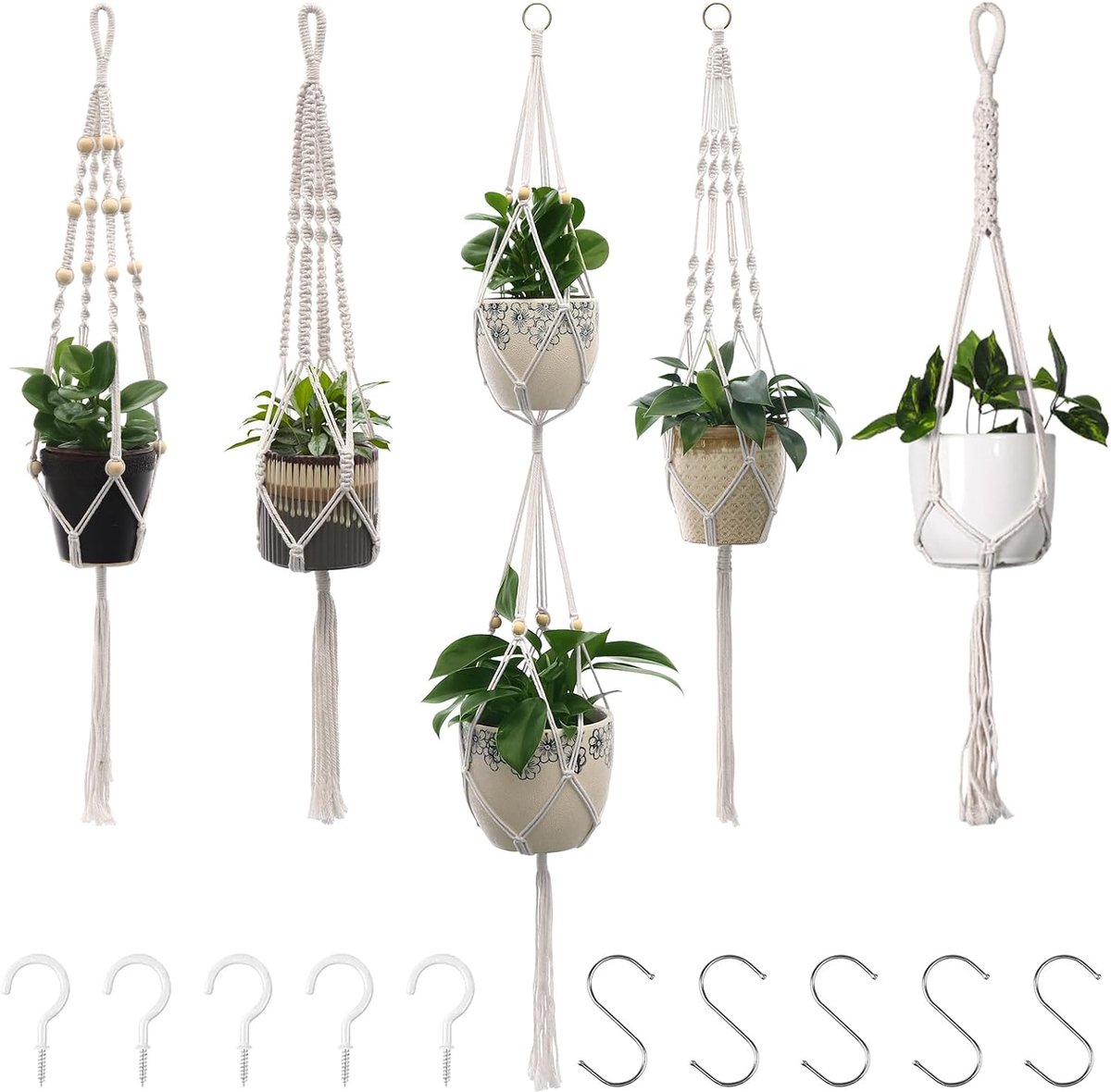 SnelShoppen - 5-Piece Macrame Plant Hanger Set - Handgebreid Katoen - Boho Stijl voor Binnen en Buiten - Cream Wit - Perfect voor Tuin, Balkon en Vens