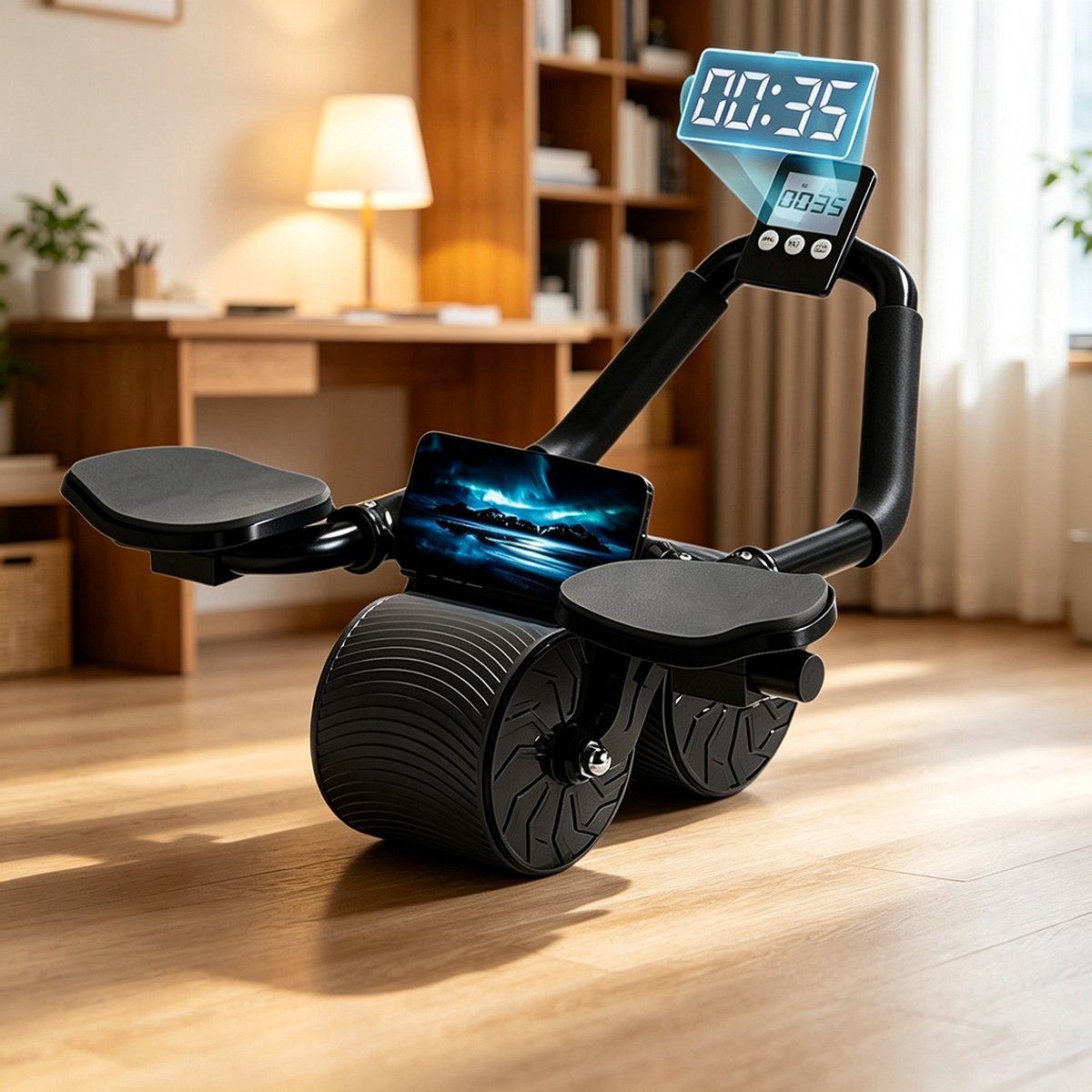 Buikspiertrainer met elleboogsteun brede wielen en automatische terugslagfunctie Ingebouwde timer stil ontwerp een apparaat voor vetverbranding en het afslanken van de buikspieren dat uw polsen beschermt Zwart Afmetingen 19,50*33,50*15 cm