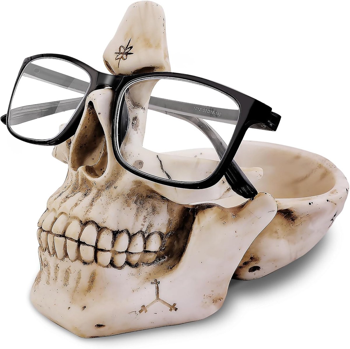 SnelShoppen - Skull Brilhouder Stand met OpberTray, Unieke Design Brilhouder voor Bedside Tafel, Resin Skull Hoofd Beeldje voor Thuis en Kantoor, Witt