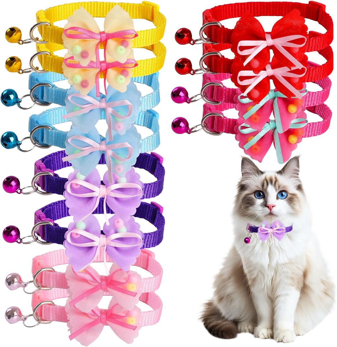 SnelShoppen - 12 Kattenhalsbanden met Belletjes - Verstelbare Maat 19-32 cm - Duurzaam Katoen en Nylon - Geschikt voor Kittens en Puppy’s - Huisdierac