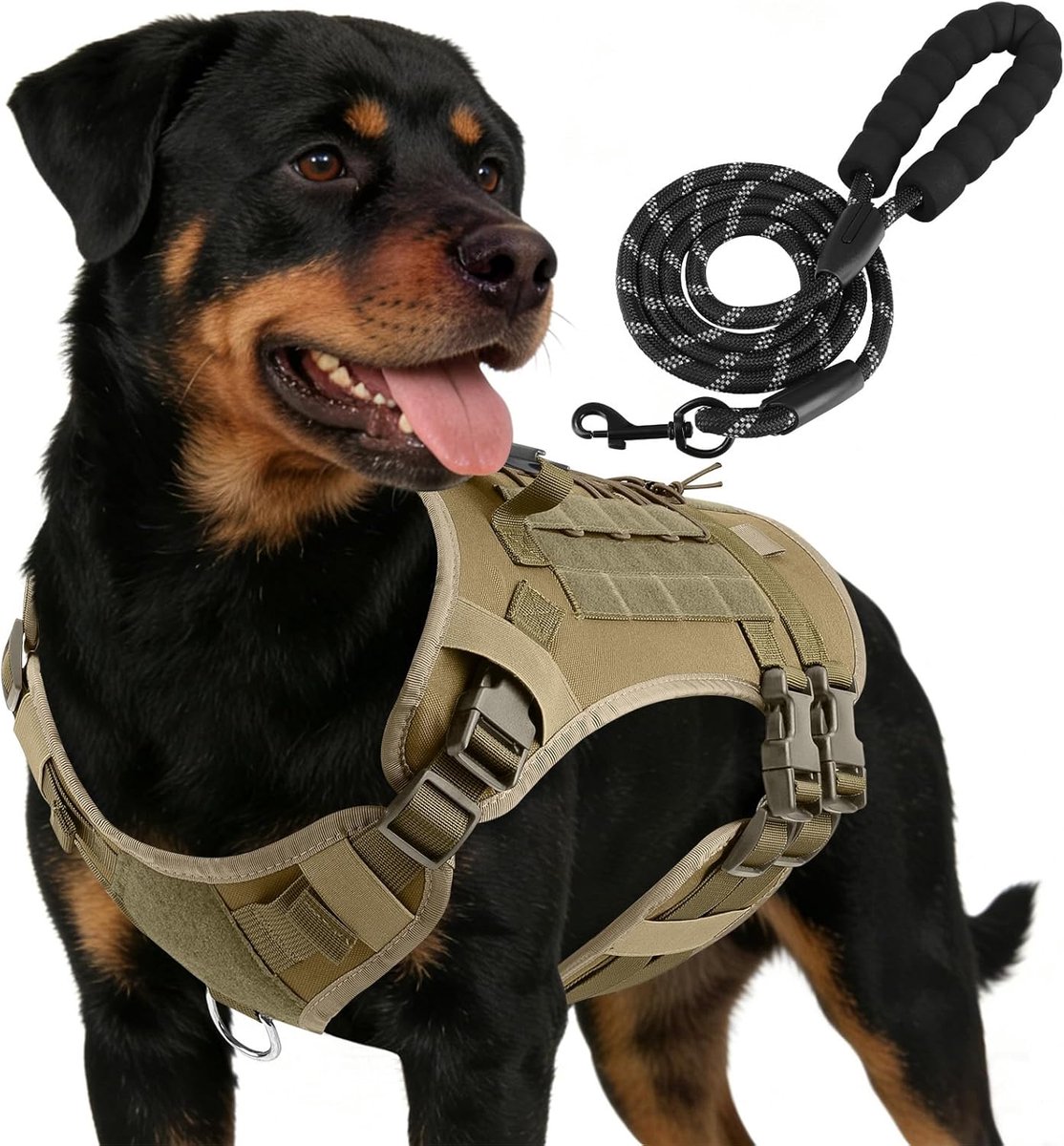 SnelShoppen - Tactisch Hondentuigje M - Verstelbaar Harnas met Riem, 2 Metalen Haken, Antislip, Kaki, 900D Nylon, Voor Training en Wandelen