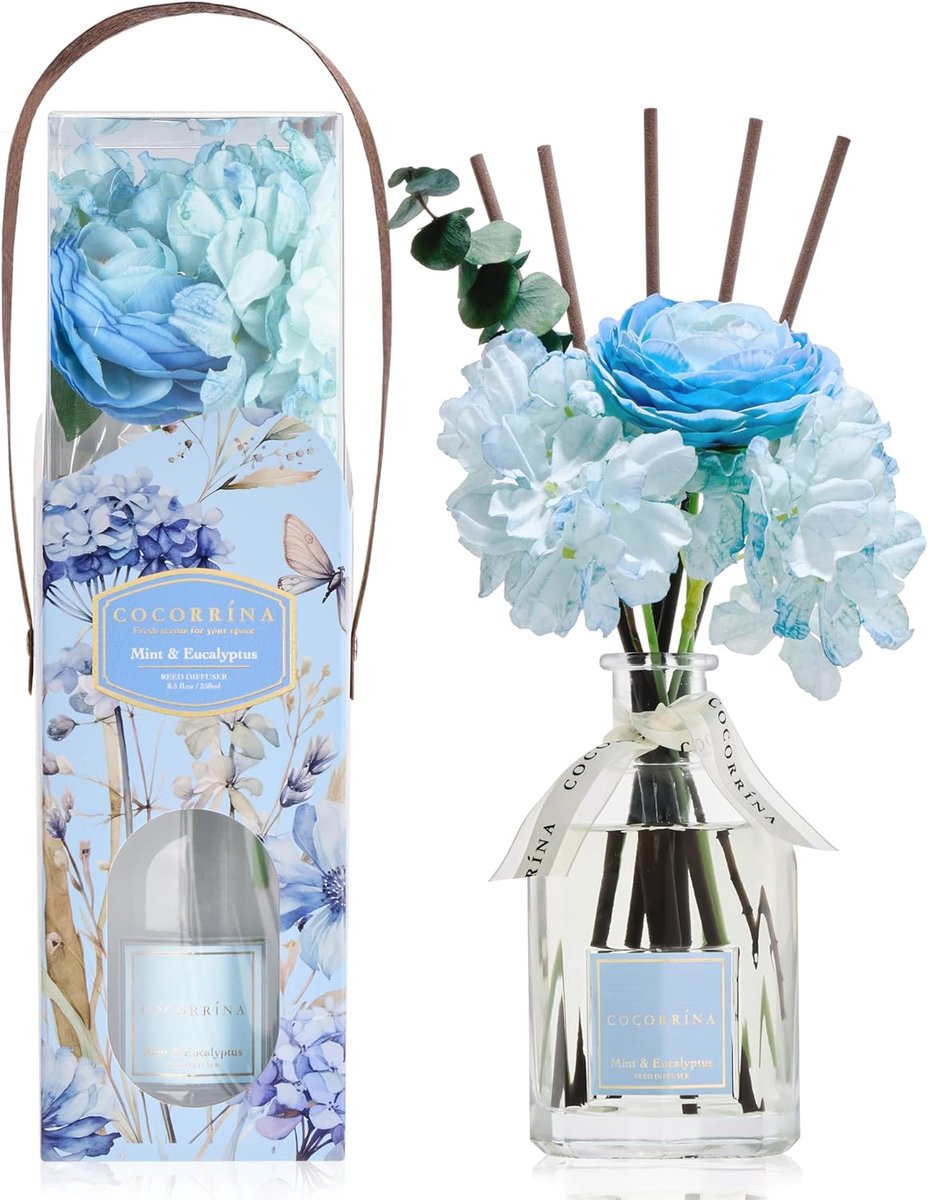 SnelShoppen - Kamerguur 250 ml met Geurstokjes en Cadeaulint - Mint & Eucalyptus - Natuurlijk en Langdurig - Huisgeur voor Woonkamer, Slaapkamer, Badk