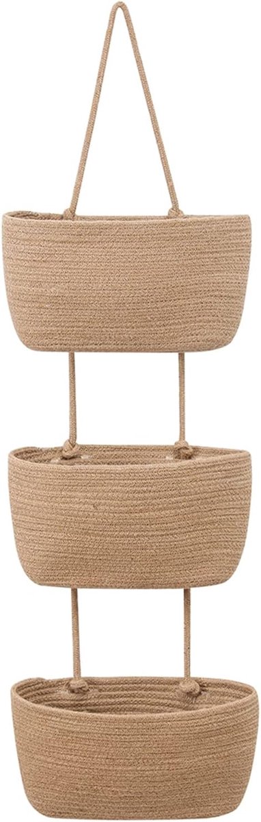 SnelShoppen - Hangende Organizer Deurmand 3-Traps Wand-Gemonteerde Opbergmand van Katoenen Touw voor Woonkamer, Slaapkamer, Badkamer, Kinderkamer - Mu